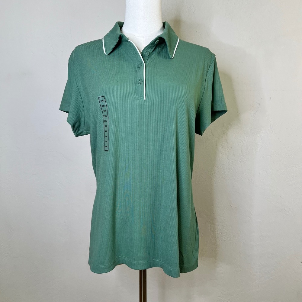 CALIA Rib Short Sleeve Polo Womens Size XXL Dark Green NEW Ribbed 4-Way Stretch